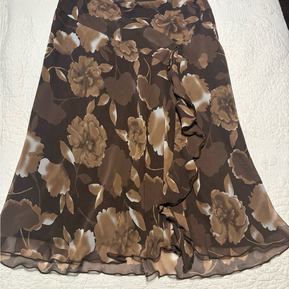 Sag Harbor Brown and Taupe Floral Midi Skirt with Front Ruffle